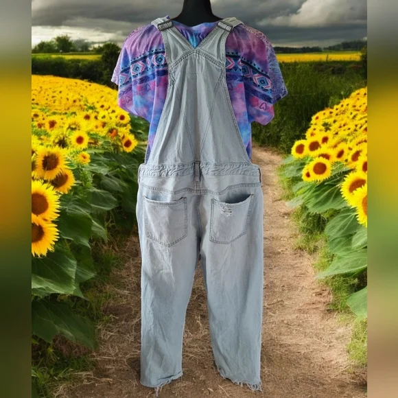 Abercrombie & Fitch  Distressed Boyfriend Ankle Length Light Wash Denim Overalls - Picture 4 of 11